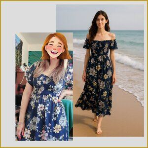 Navy Floral Smocked Maxi Dress – Off Shoulder / Short Sleeves – M